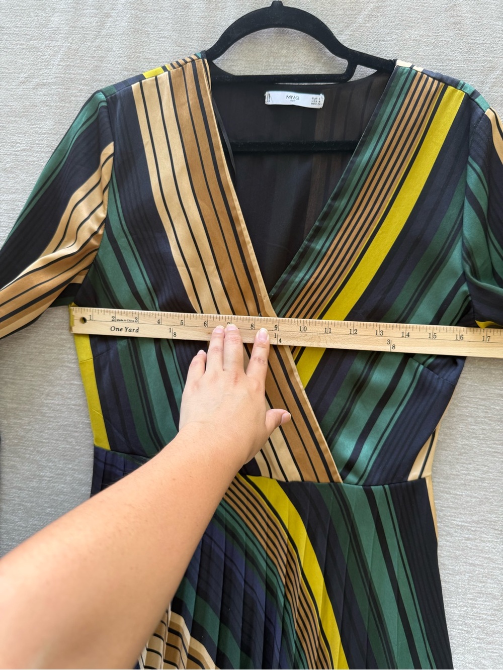 MNG Mango Suit Striped‎ Pleated Wrap Midi Dress Green Yellow Long Sleeve Size S - Picture 6 of 8